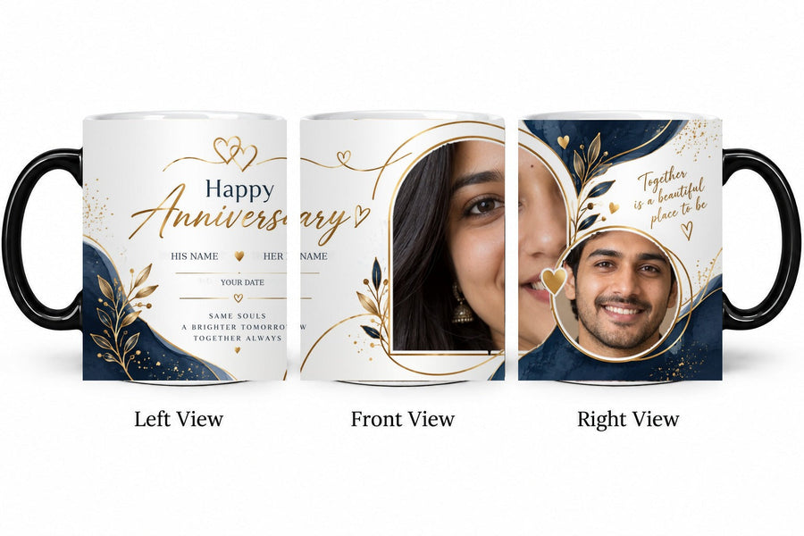 Personalized Navy Gold Forever Anniversary Mug – Magic Hot Water Reveal Mug shown on mug, left front and right views