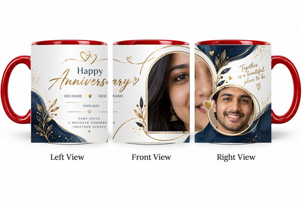 Personalized Navy Gold Forever Anniversary Mug – Inner Colour Red Mug shown on mug, left front and right views