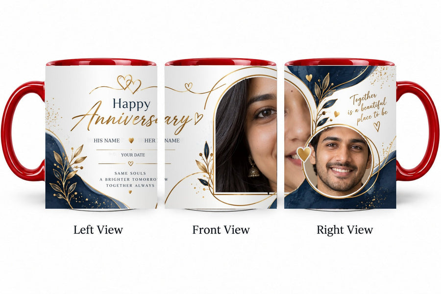 Personalized Navy Gold Forever Anniversary Mug – Inner Colour Red Mug shown on mug, left front and right views