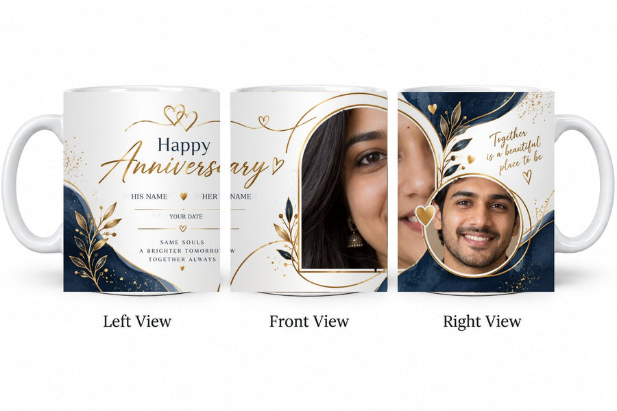 Personalized Navy Gold Forever Anniversary Mug – Classic White Mug shown on mug, left front and right views