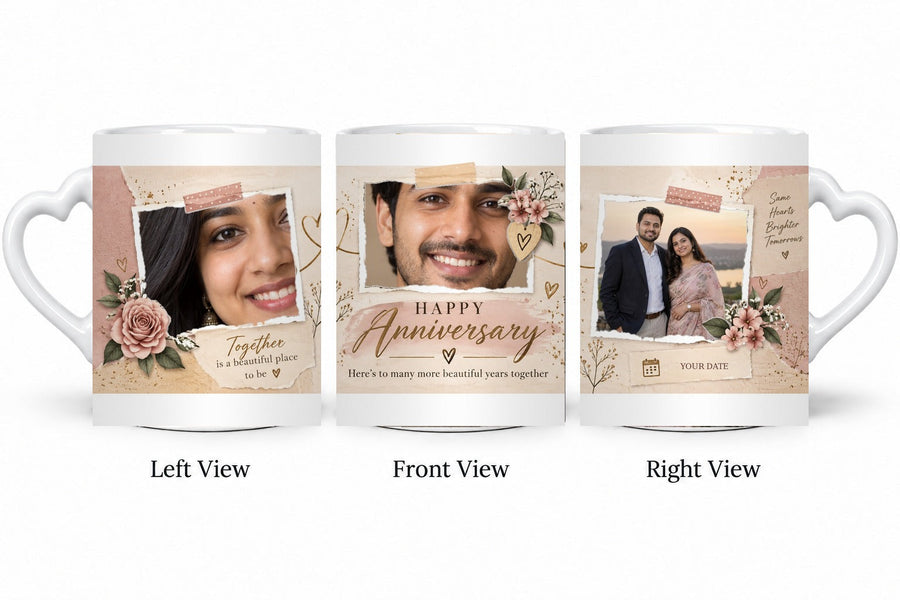 Personalized Blush Scrapbook Memories Anniversary Mug – White Love Handle Mug shown on mug, left front and right views