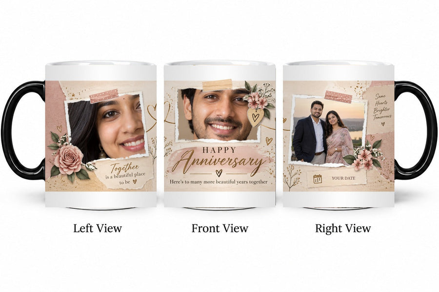 Personalized Blush Scrapbook Memories Anniversary Mug – Magic Hot Water Reveal Mug shown on mug, left front and right views