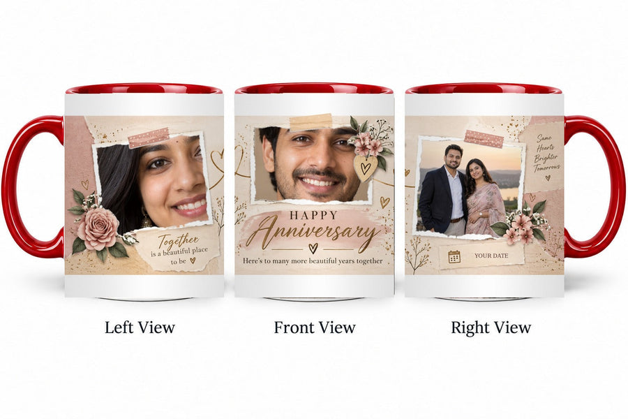 Personalized Blush Scrapbook Memories Anniversary Mug – Inner Colour Red Mug shown on mug, left front and right views