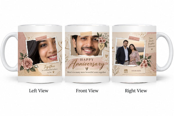 Personalized Blush Scrapbook Memories Anniversary Mug – Classic White Mug shown on mug, left front and right views