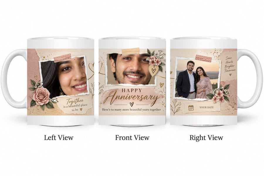 Personalized Blush Scrapbook Memories Anniversary Mug – Classic White Mug shown on mug, left front and right views