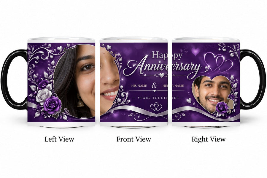 Personalized Purple Royal Romance Anniversary Mug – Magic Hot Water Reveal Mug shown on mug, left front and right views