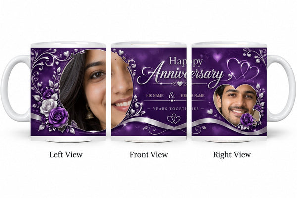 Personalized Purple Royal Romance Anniversary Mug – Classic White Mug shown on mug, left front and right views