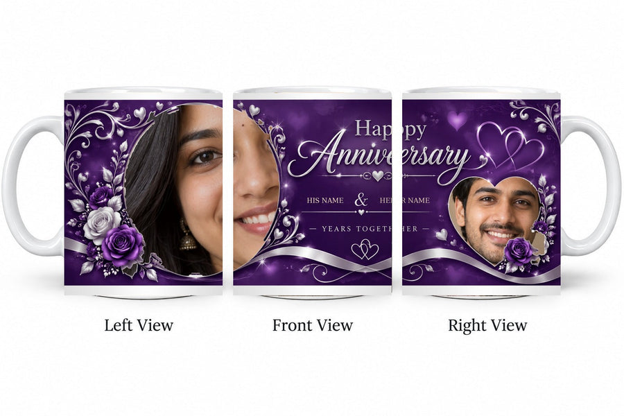 Personalized Purple Royal Romance Anniversary Mug – Classic White Mug shown on mug, left front and right views