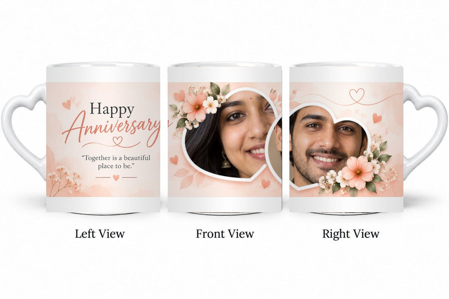 Personalized Peach Floral Hearts Anniversary Mug – White Love Handle Mug shown on mug, left front and right views