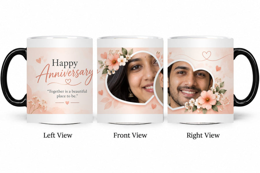 Personalized Peach Floral Hearts Anniversary Mug – Magic Hot Water Reveal Mug shown on mug, left front and right views