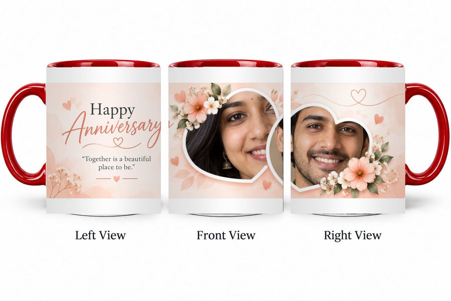Personalized Peach Floral Hearts Anniversary Mug – Inner Colour Red Mug shown on mug, left front and right views