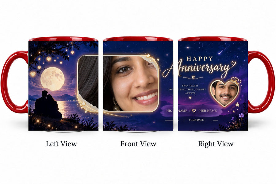 Personalized Moonlit Love Anniversary Mug – Inner Colour Red Mug shown on mug, left front and right views