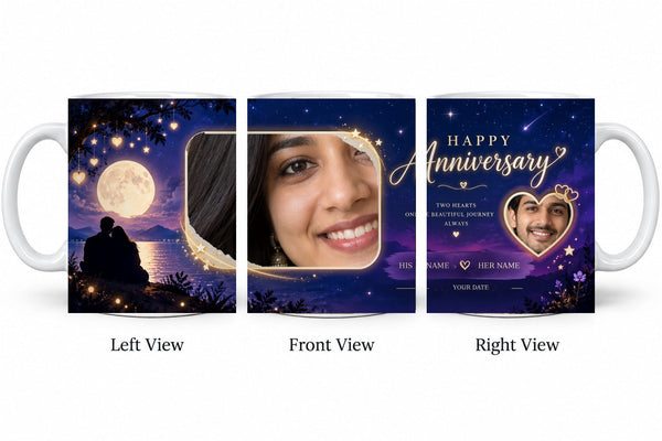 Personalized Moonlit Love Anniversary Mug – Classic White Mug shown on mug, left front and right views