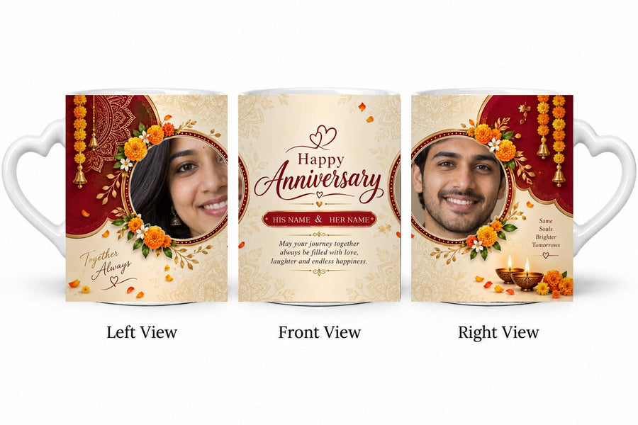 Personalized Marigold Celebration Anniversary Mug – White Love Handle Mug shown on mug, left front and right views