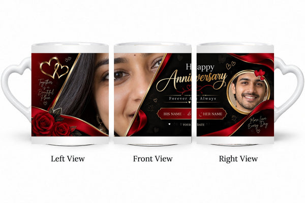 Personalized Crimson Gold Vows Anniversary Mug – White Love Handle Mug shown on mug, left front and right views