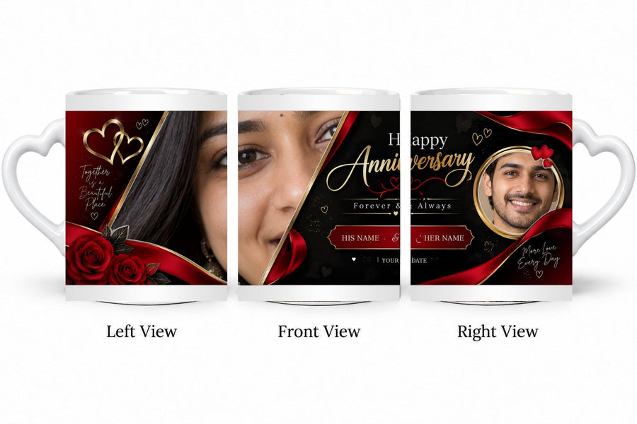 Personalized Crimson Gold Vows Anniversary Mug – White Love Handle Mug shown on mug, left front and right views