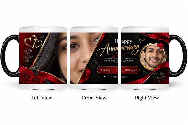 Personalized Crimson Gold Vows Anniversary Mug – Magic Hot Water Reveal Mug shown on mug, left front and right views