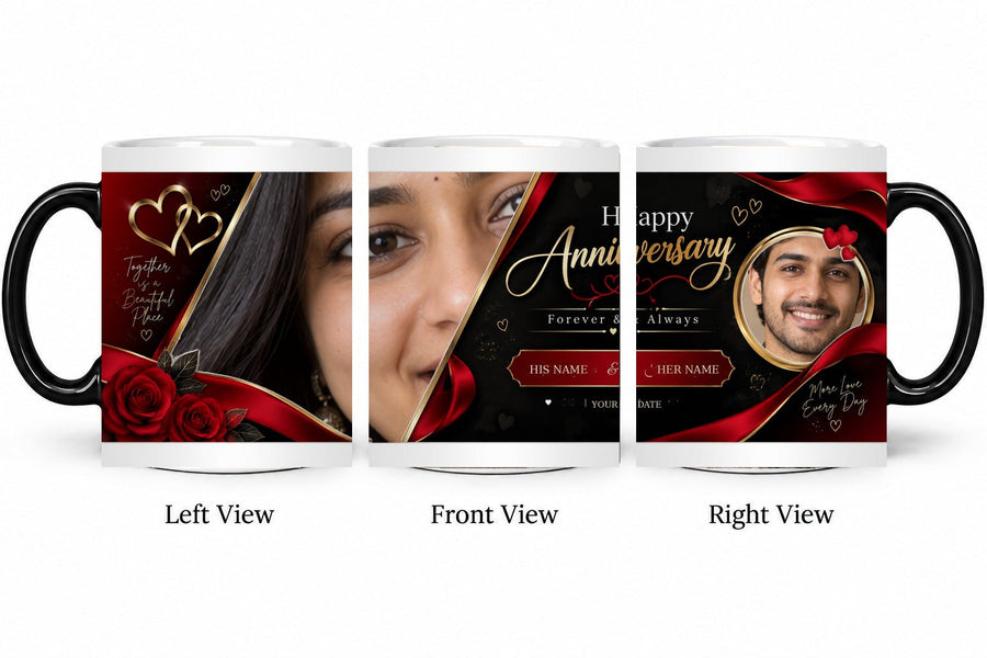 Personalized Crimson Gold Vows Anniversary Mug – Magic Hot Water Reveal Mug shown on mug, left front and right views