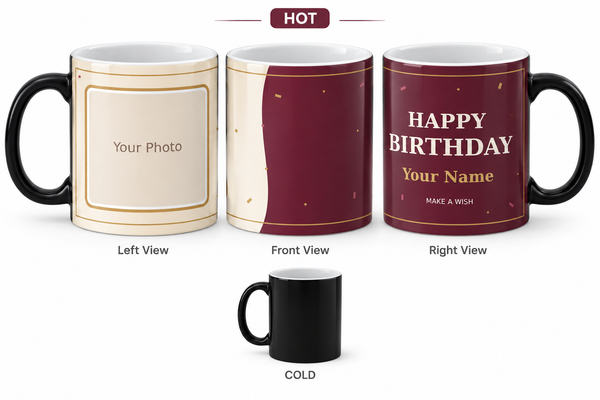 CW-BD-001 Magic Hot Water Reveal Birthday Mug – Left Front Right Views