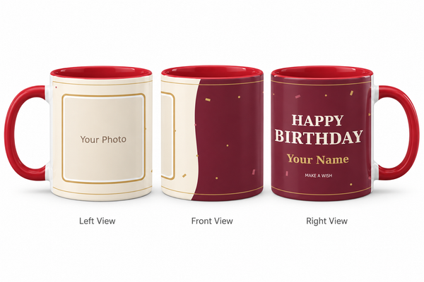 CW-BD-001 Inner Colour Red Birthday Mug – Left Front Right Views