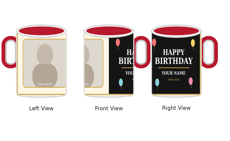 CW-BD-004 Inner Colour Red Birthday Mug – Left Front Right Views