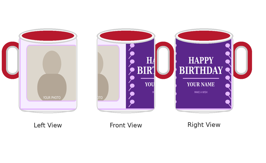 CW-BD-006 Inner Colour Red Birthday Mug – Left Front Right Views