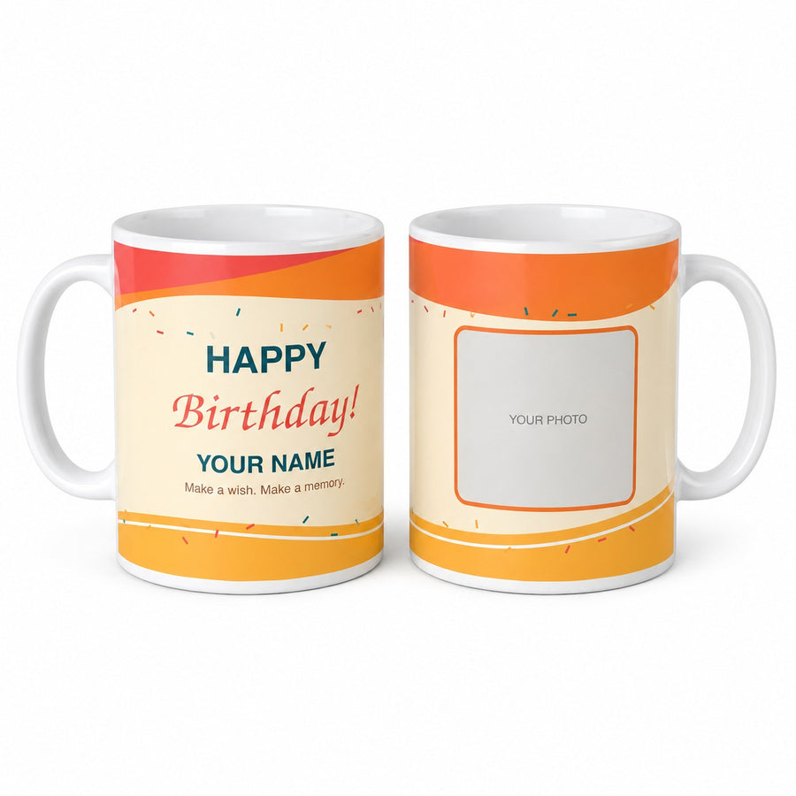 Birthday Pop Waves white mug with coral and orange waves, birthday lettering and photo spaces, shown from two angles.
