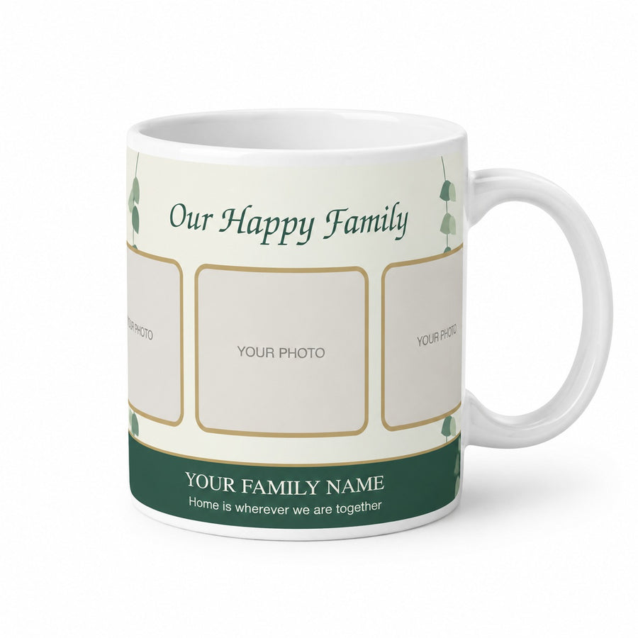 Botanical Family Trio white mug with sage leaves, three family photo spaces and a personalized family name.