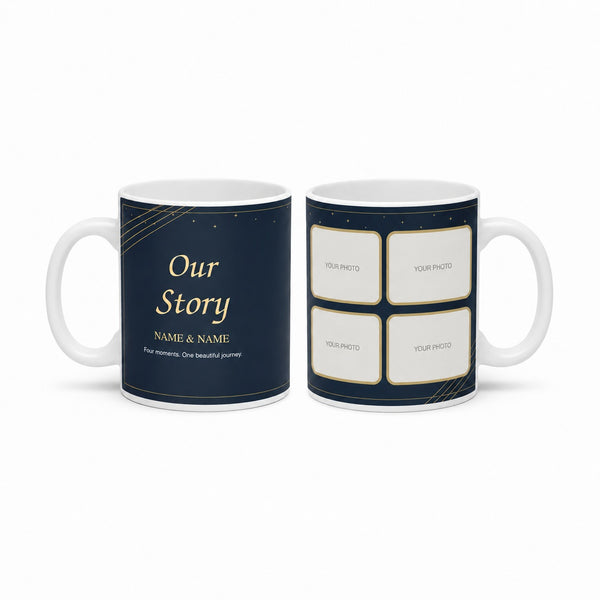Midnight Story Four mug with navy and gold artwork, four photo spaces and Our Story text, shown from two angles.