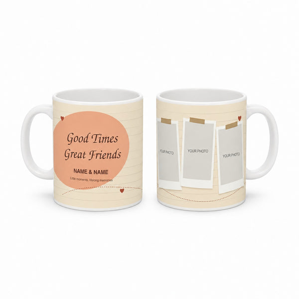 Friends Scrapbook white mug with three tilted photo frames, peach accents and friendship text, shown from two angles.