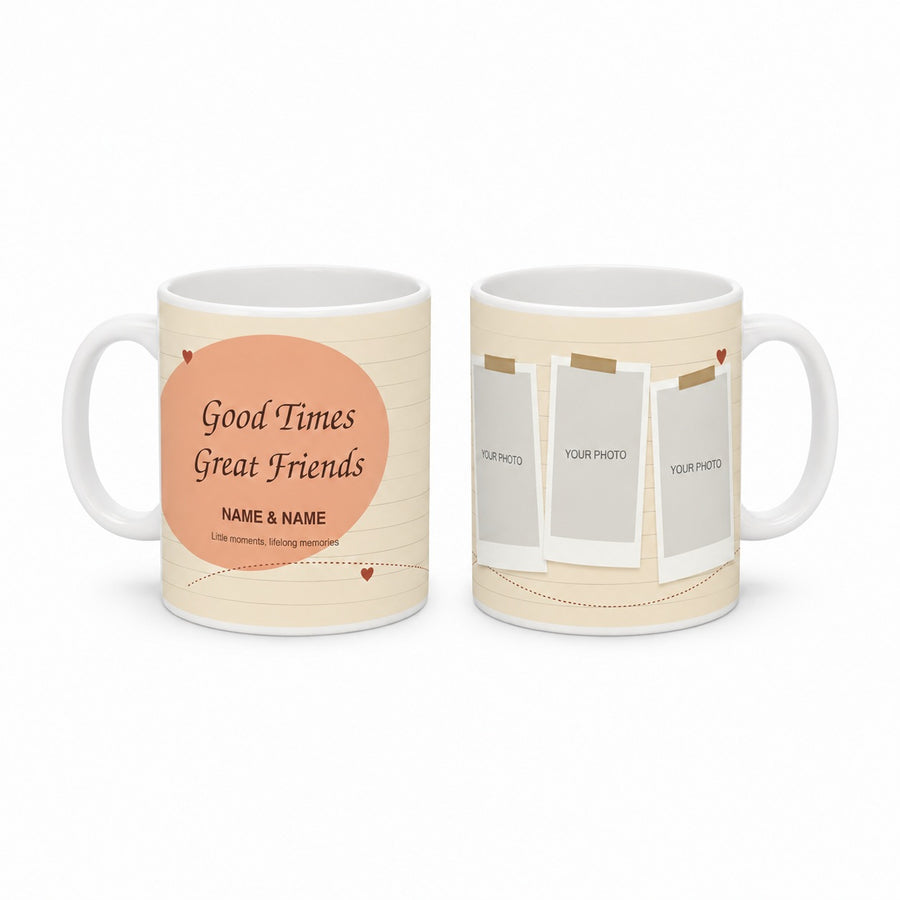 Friends Scrapbook white mug with three tilted photo frames, peach accents and friendship text, shown from two angles.