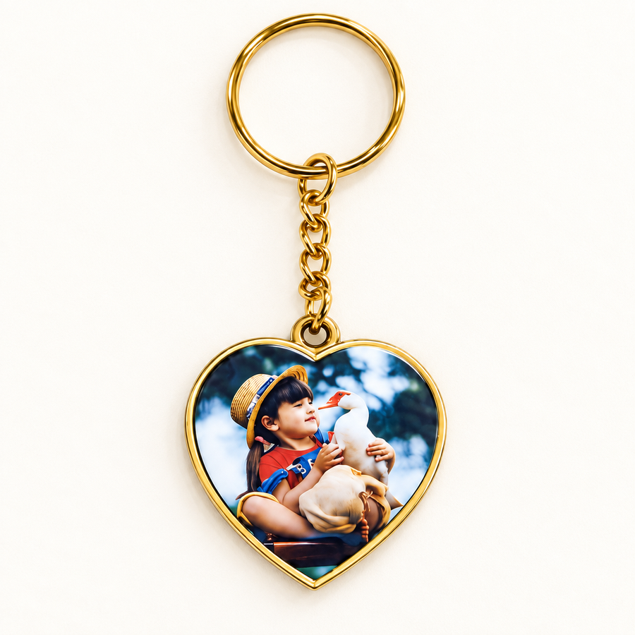 heart double-sided personalized photo keychain, gold finish