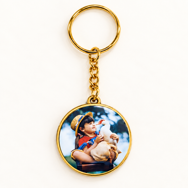 round double-sided personalized photo keychain, gold finish