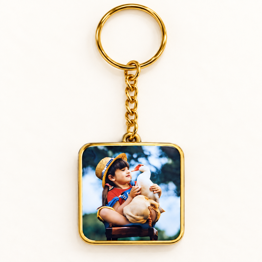 square double-sided personalized photo keychain, gold finish