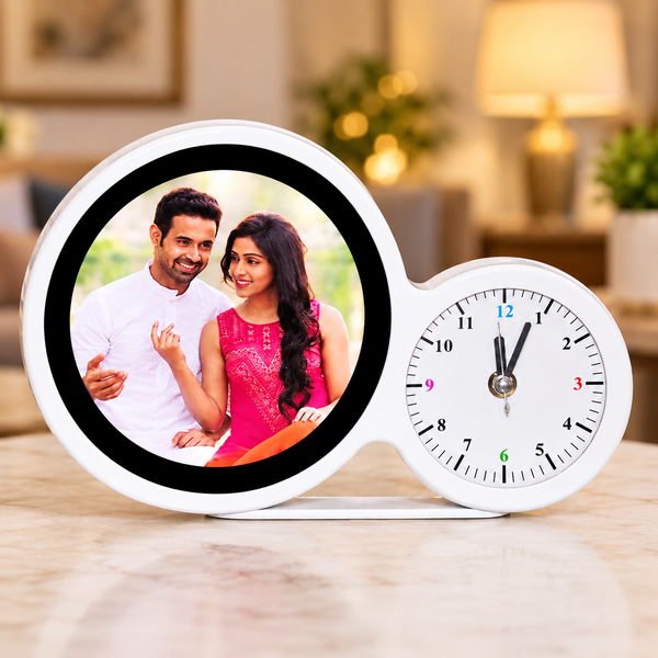 Personalised Round Magic Mirror Photo Frame with Desk Clock