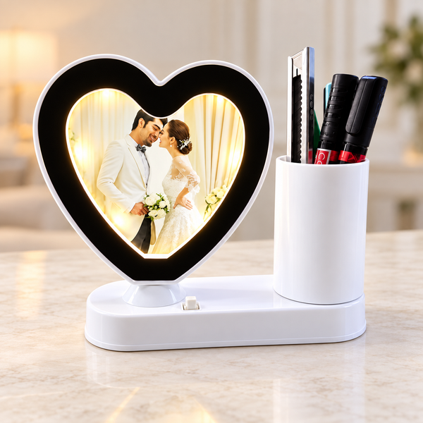 Personalised Heart Shape Magic Mirror Photo Frame with Pen Stand