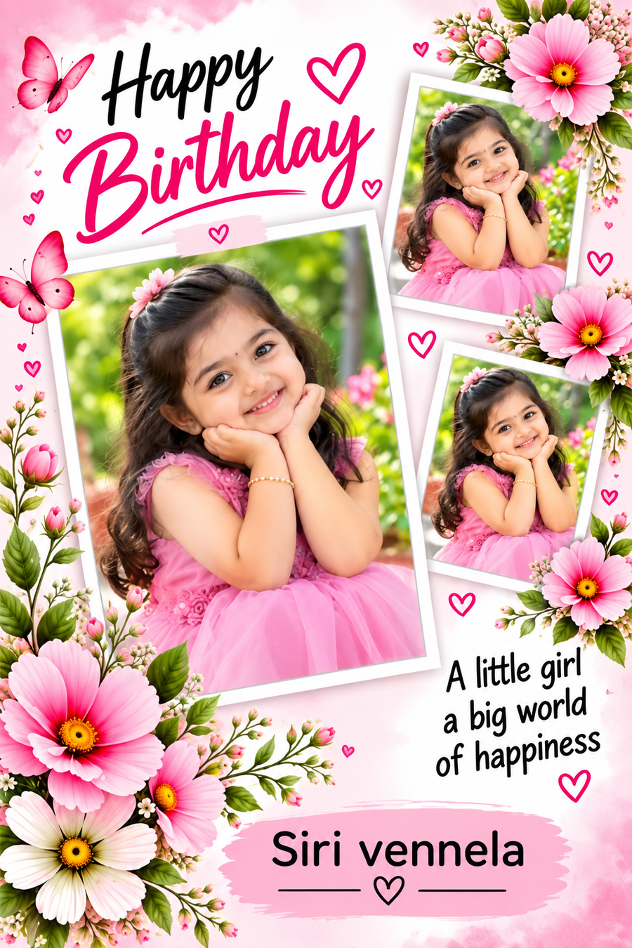 Personalized pink floral Happy Birthday photo frame with custom photos and name