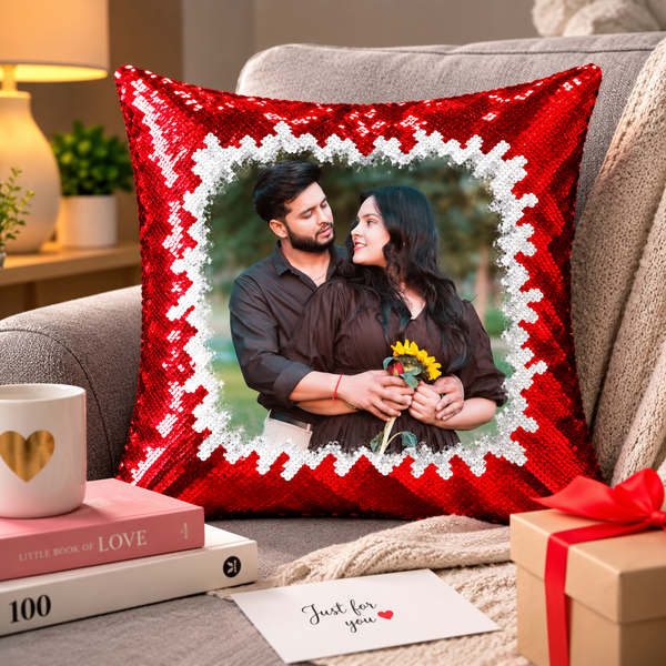 Personalized red sequin magic pillow with custom couple photo - Cartwala