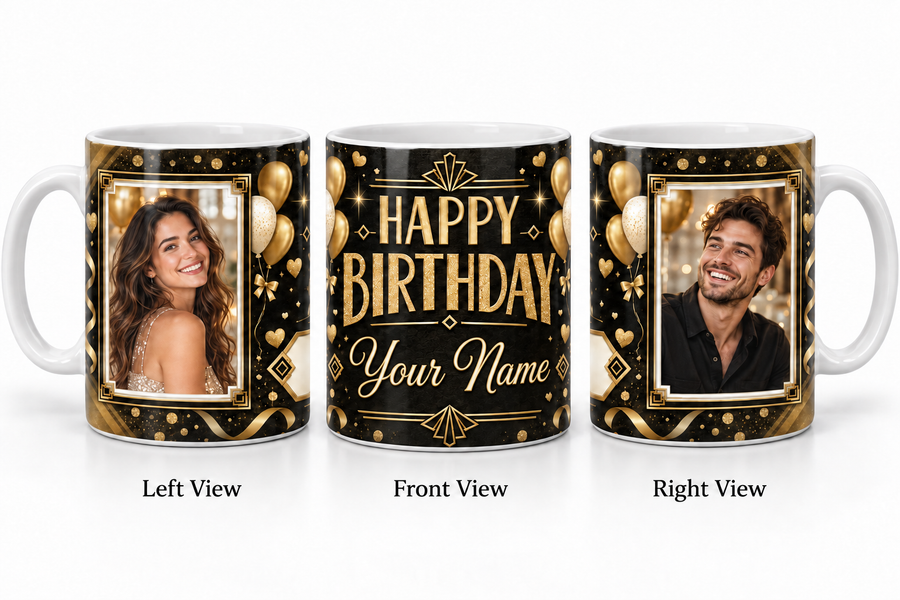 Personalized Black Gold Luxury Two Photo Birthday Mug – Classic White Mug realistic three-view mockup
