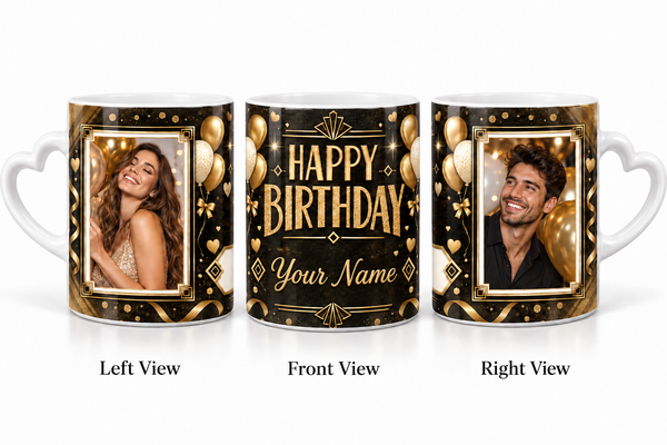 Personalized Black Gold Luxury Two Photo Birthday Mug – White Love Handle realistic three-view mockup