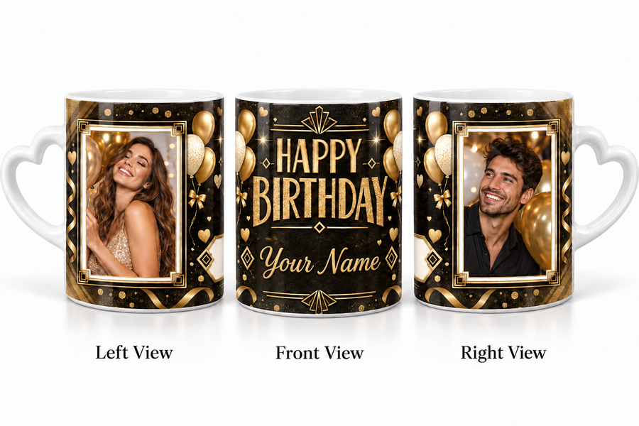 Personalized Black Gold Luxury Two Photo Birthday Mug – White Love Handle realistic three-view mockup