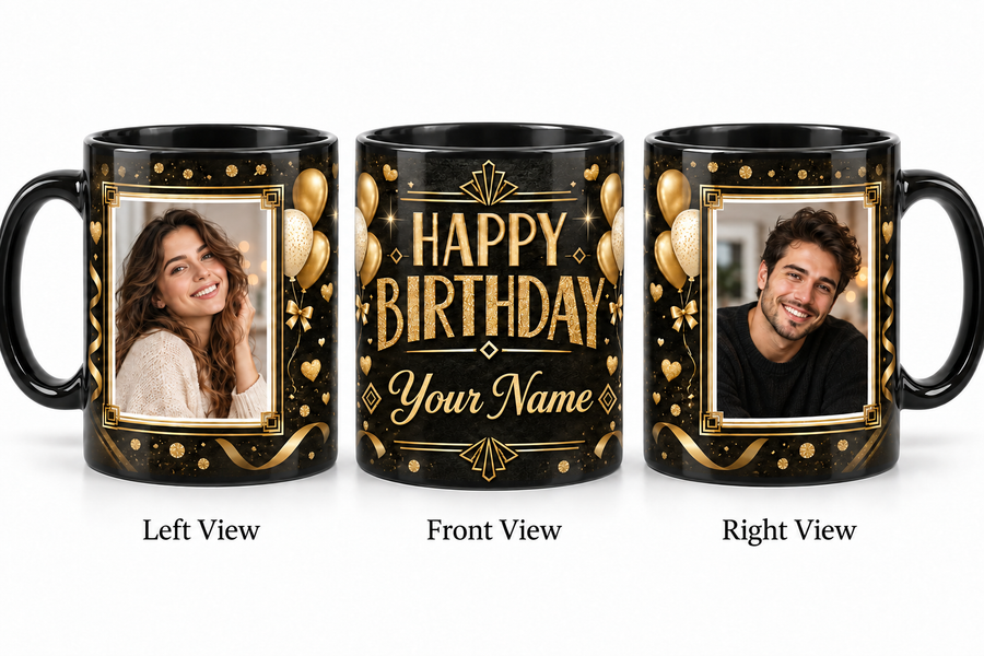 Personalized Black Gold Luxury Two Photo Birthday Mug – Magic Hot Water Reveal realistic three-view mockup