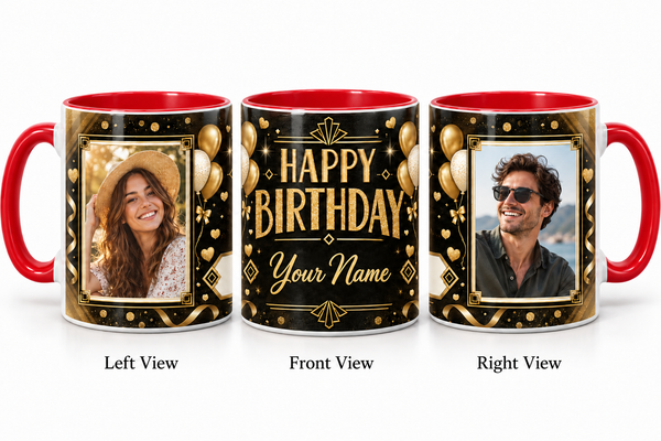 Personalized Black Gold Luxury Two Photo Birthday Mug – Inner Colour Red realistic three-view mockup
