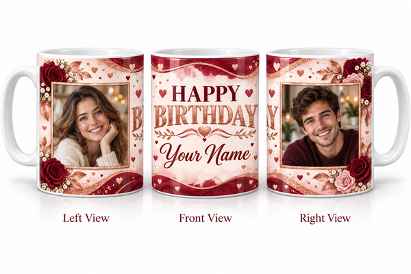 Burgundy Rose Gold personalized two photo birthday classic white mug
