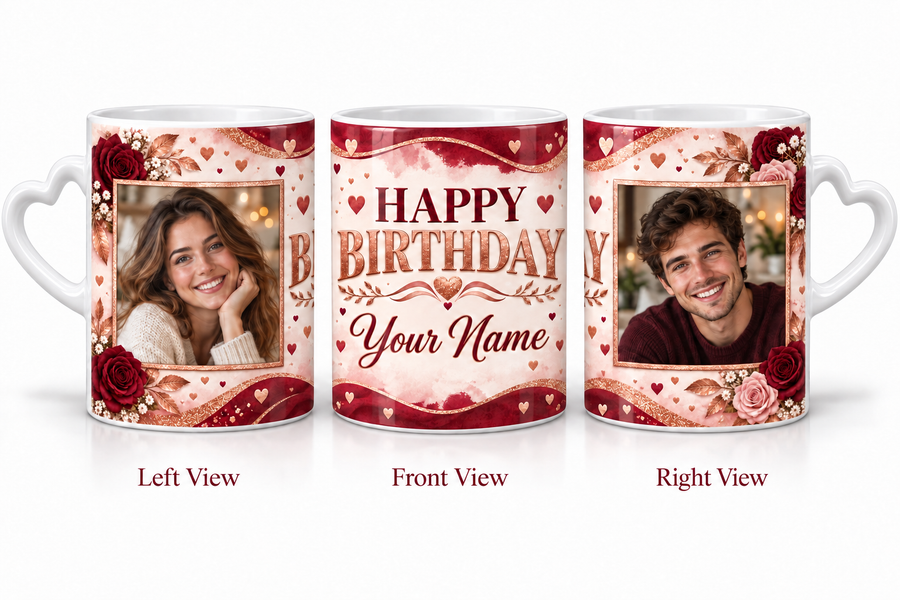 Burgundy Rose Gold personalized two photo birthday white love handle mug