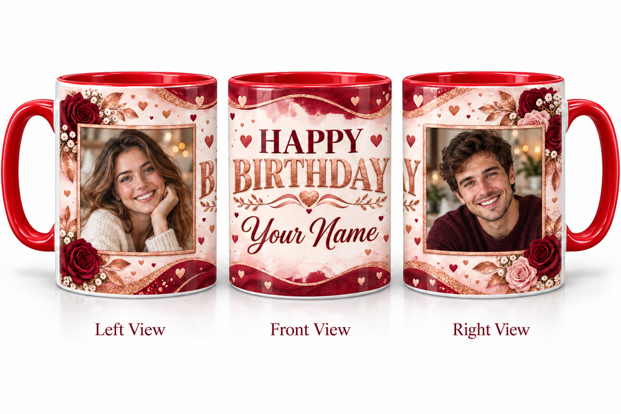 Burgundy Rose Gold personalized two photo birthday red inner colour mug