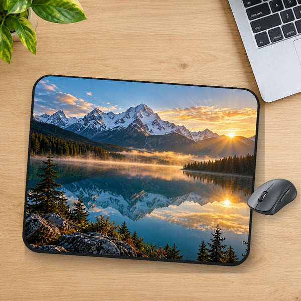 D-091 Alpine Morning printed mouse pad, desk mockup