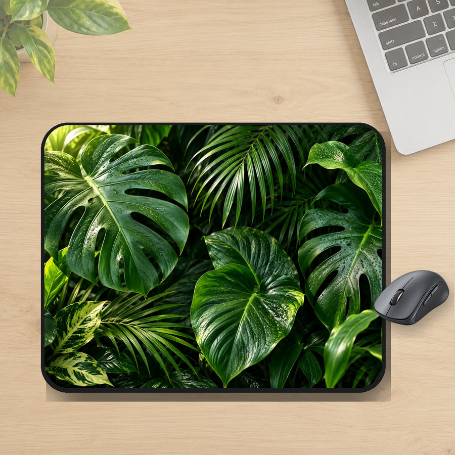 D-095 Rainforest Leaves printed mouse pad, desk mockup