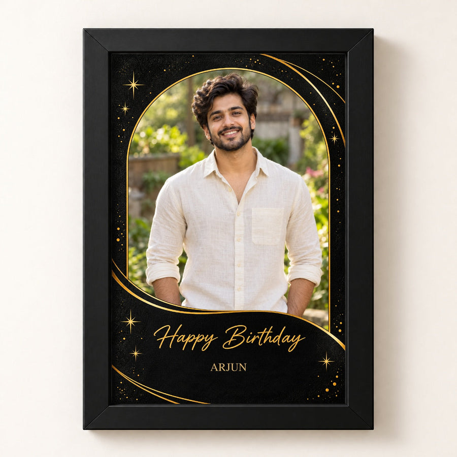 Midnight Gold Birthday Photo Frame in a black frame with edge-to-edge 2:3 artwork