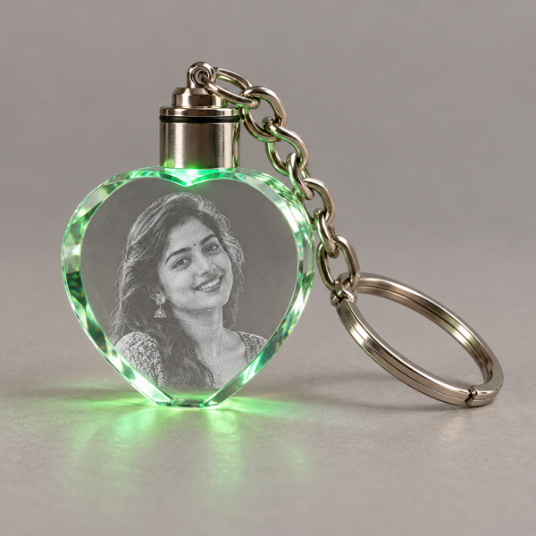 Heart Crystal Keychain with Light — sample engraved portrait